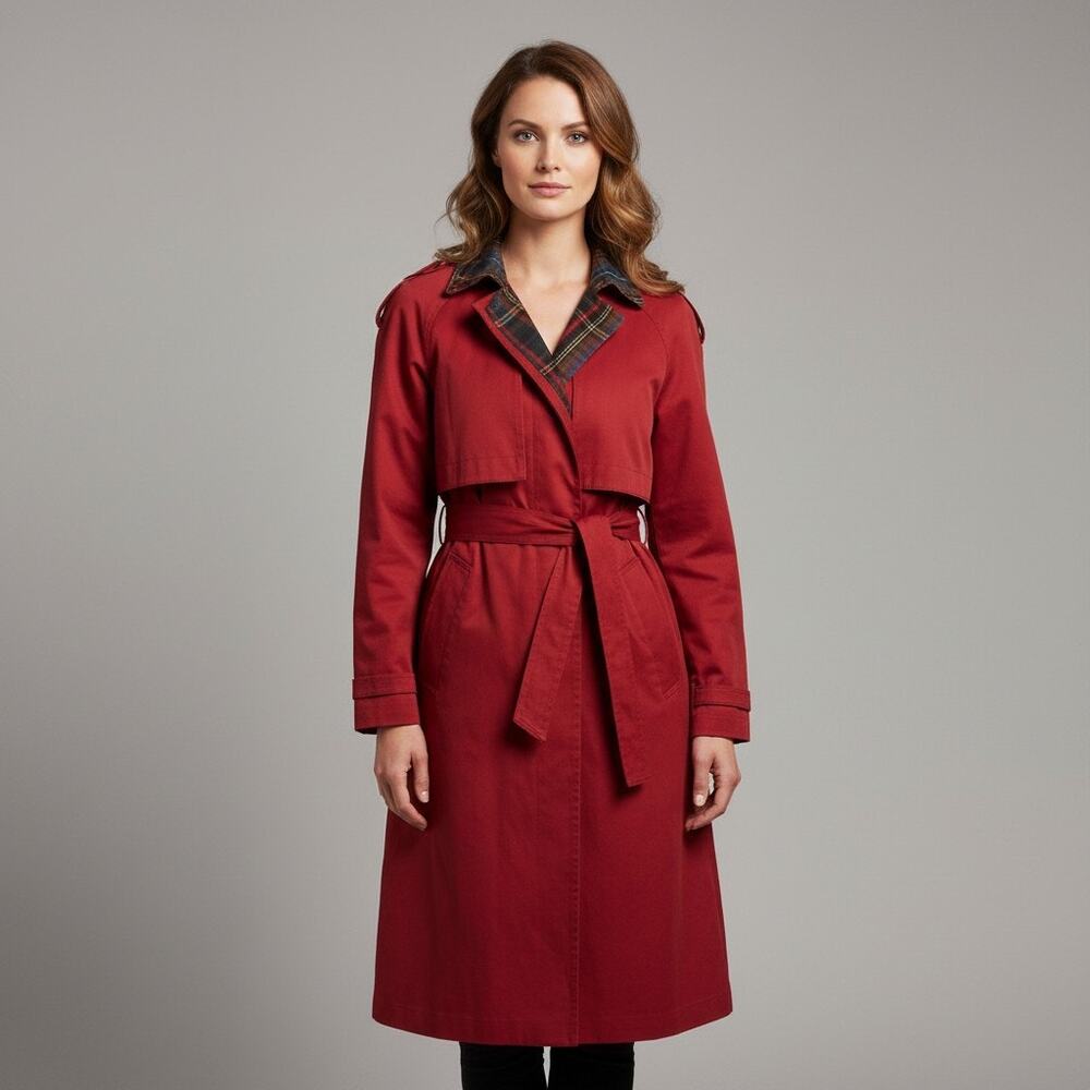 Vintage 90s Womens L Red Trench Coat Long Professional Made in Poland Classic